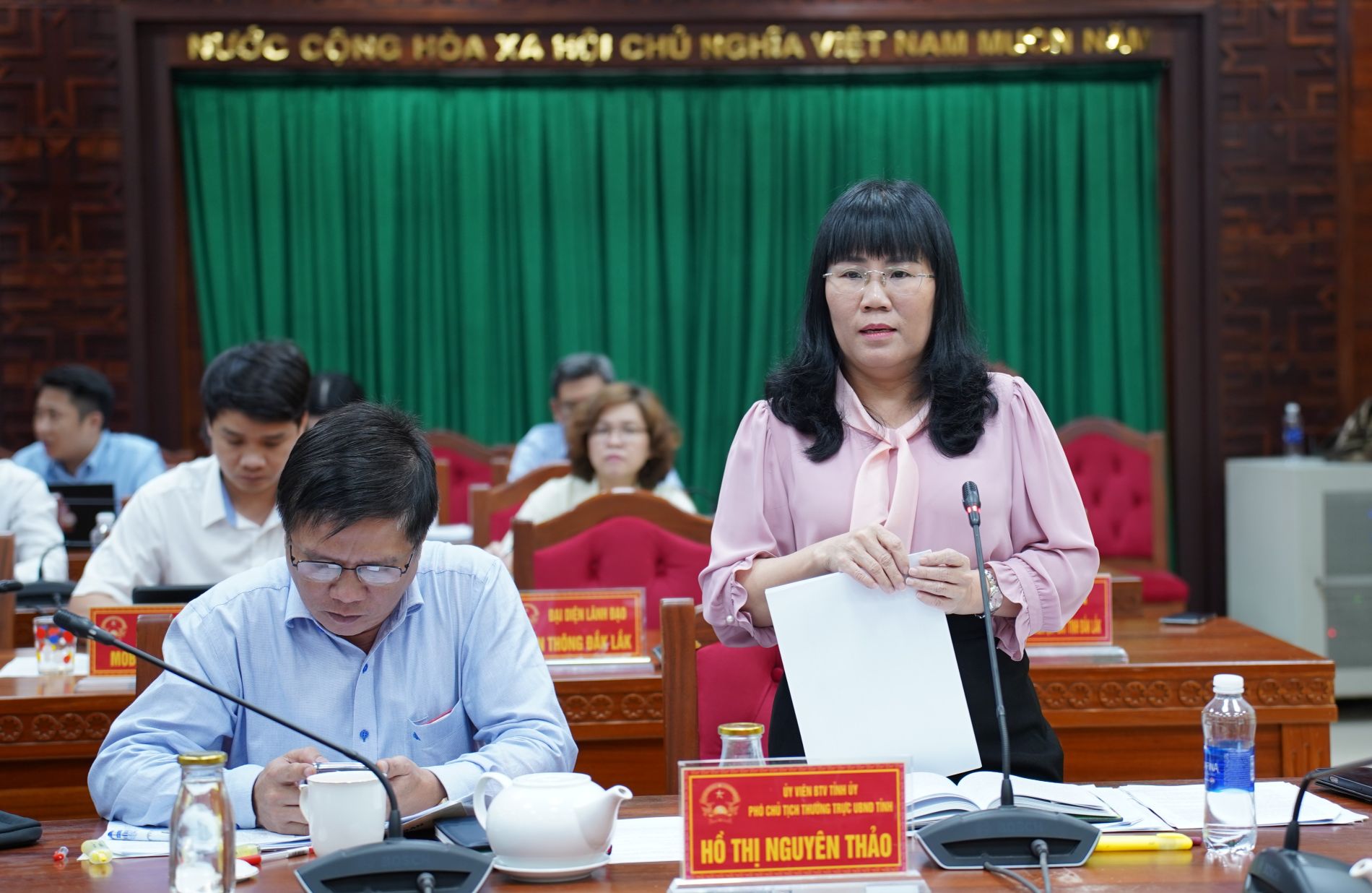 Ủy viên Ban Thường vụ Tỉnh ủy, Phó Chủ tịch Thường trực UBND tỉnh Hồ Thị Nguyên Thảo phát biểu tại cuộc họp.